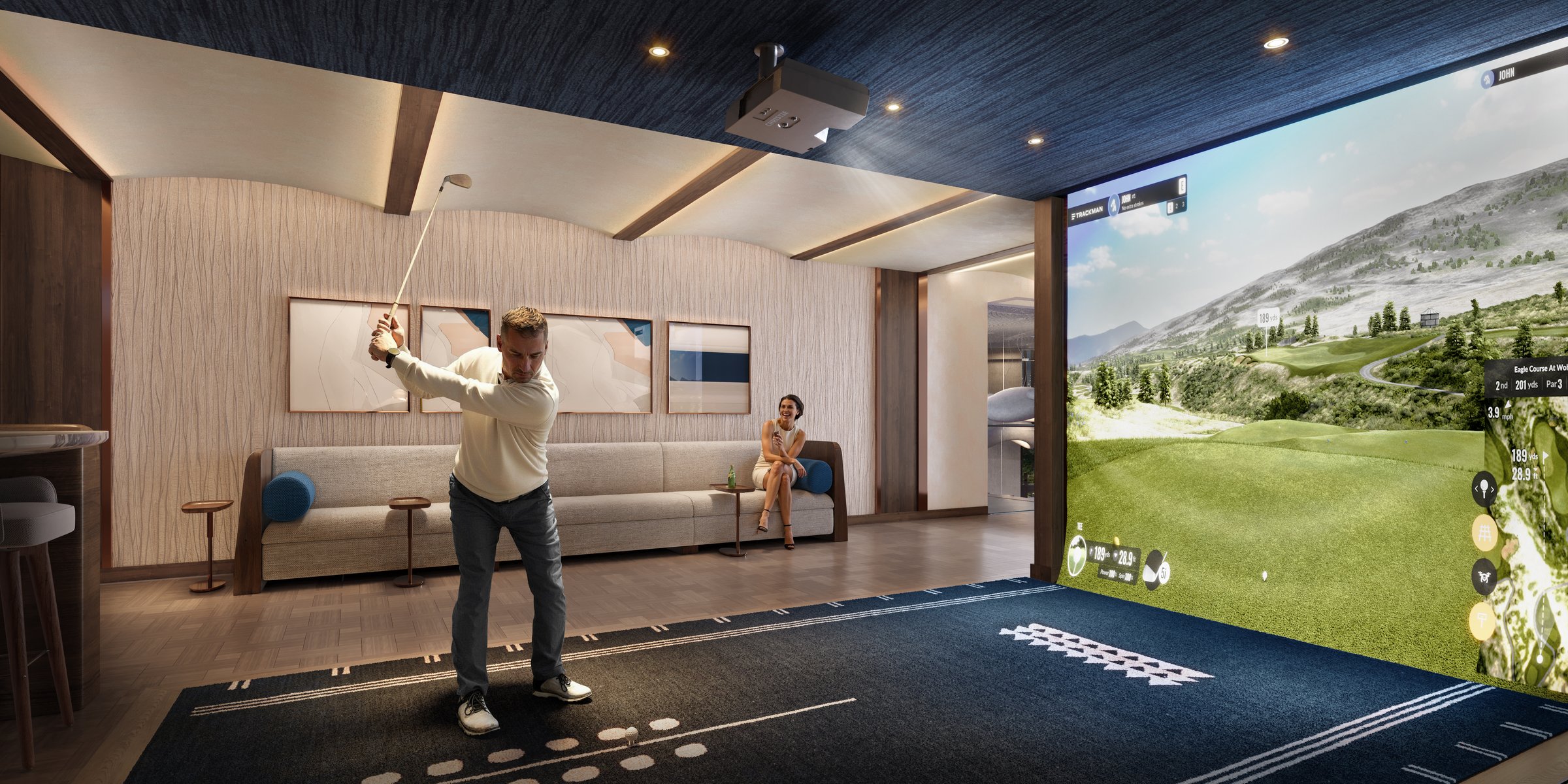 The Lincoln Coconut Grove, indoor golf simulator and adjacent lounge seating, developer rendering