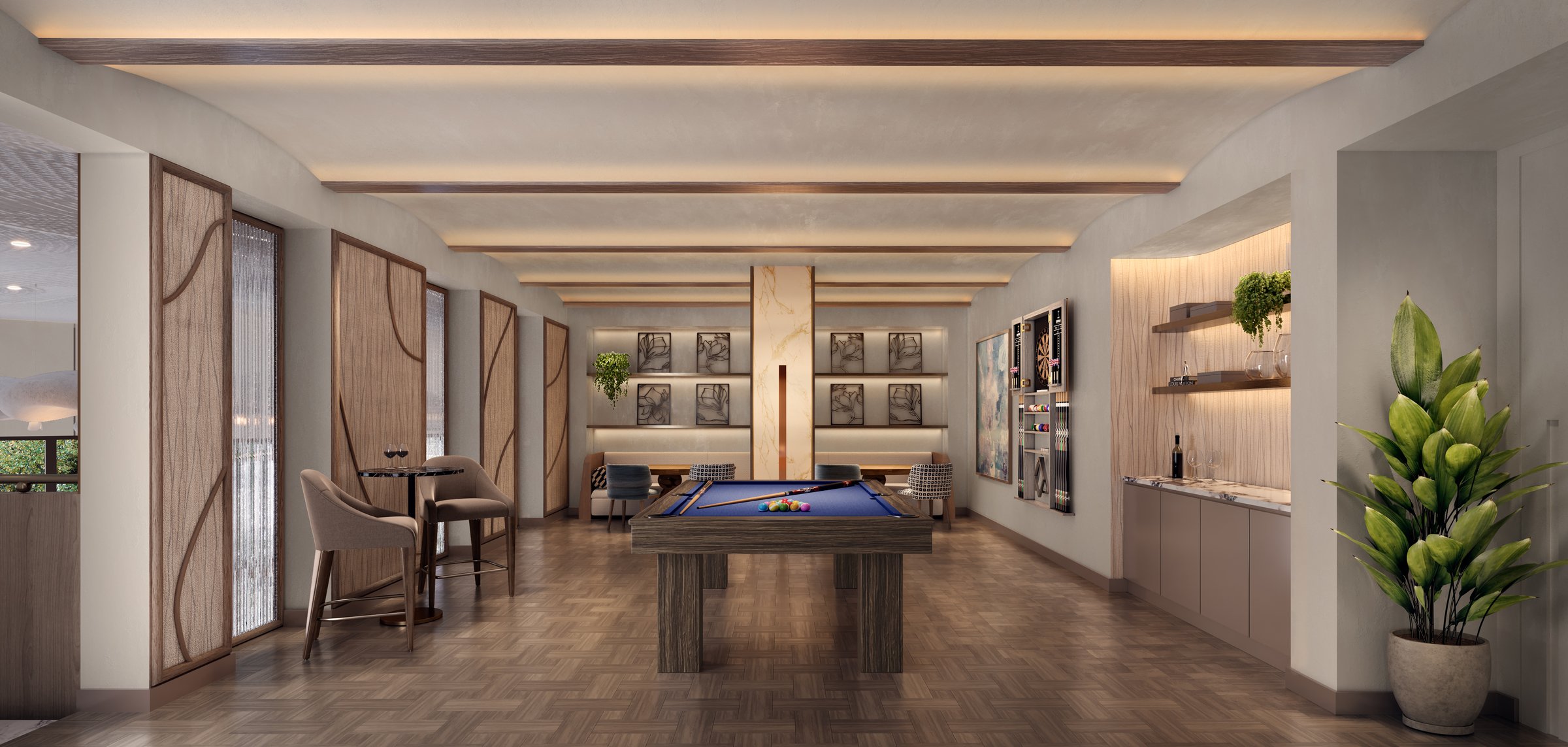 The Lincoln Coconut Grove, mezzanine lounge with pool table and work spaces, developer rendering