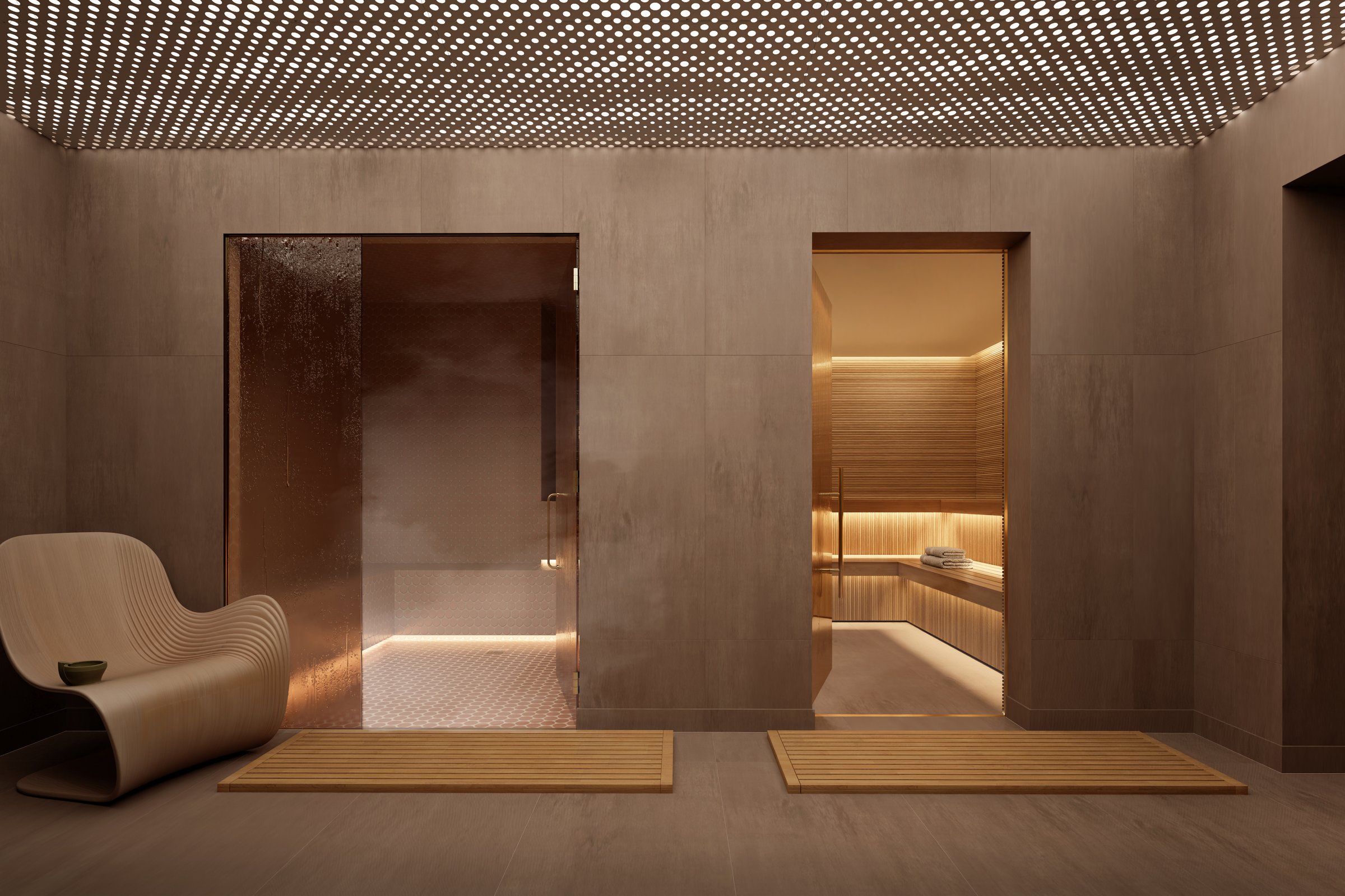 The Lincoln Coconut Grove, wellness area with sauna and steam room entrances, developer rendering